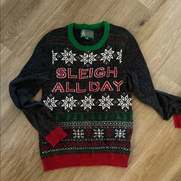 Ugly Christmas Sweater Gray with Red and Green - Picture 1 of 7